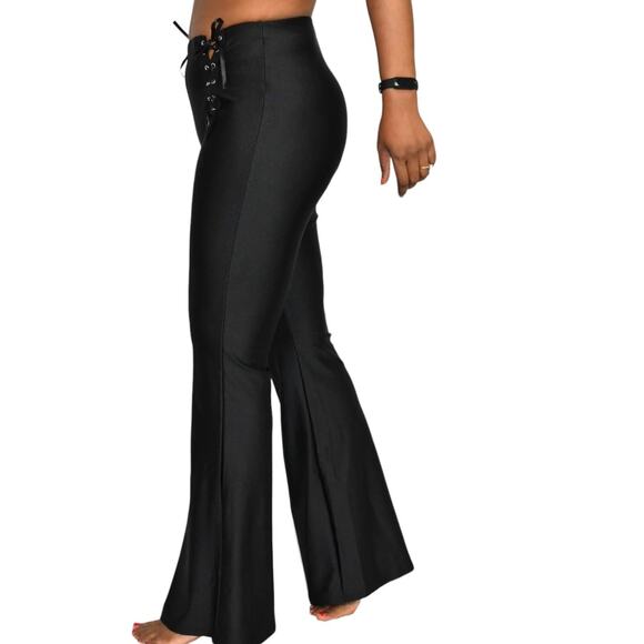 Dolls Kill Flare Pants Black Lace Up Shiny Stretch High Waist Grommet Size Small - Picture 6 of 16